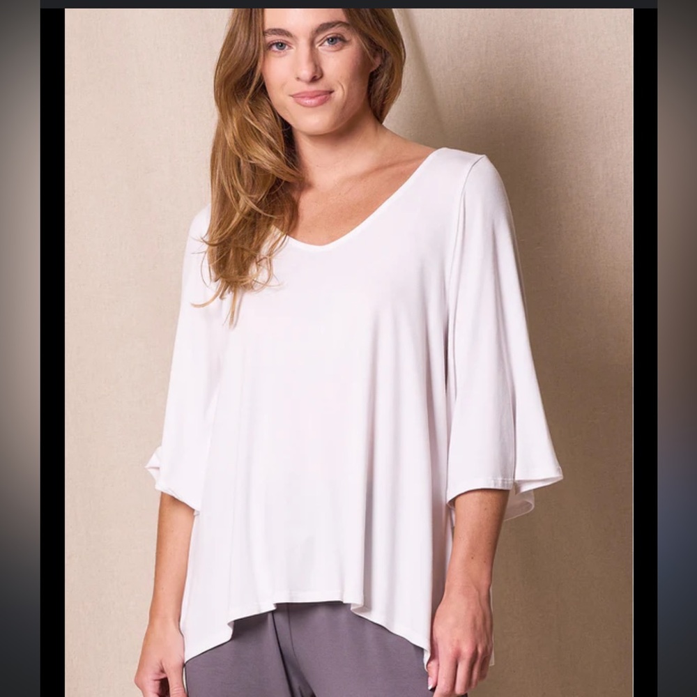 Anthropologie Bordeaux Ivory Flutter S/S V-Neck Hi-Lo Flowy Blouse size XL - Picture 1 of 5